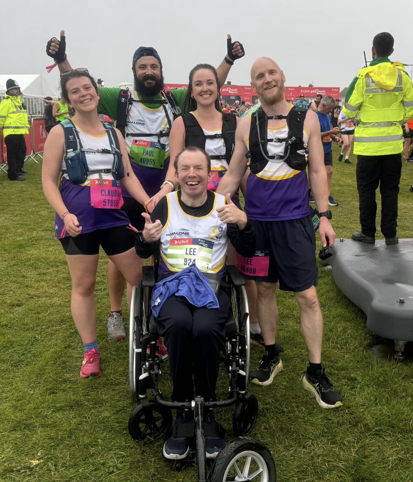 Lost Voice Guy and team at the finish line of the Great North Run