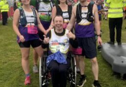 Lost Voice Guy and team at the finish line of the Great North Run